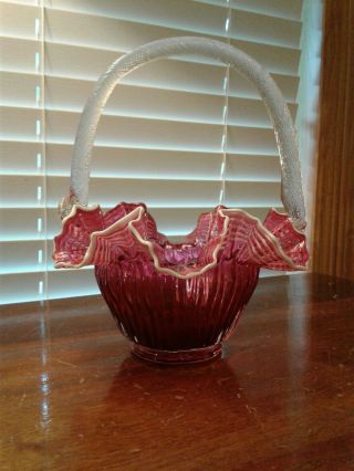 Vintage Fenton Cranberry Opalescent Basket Ruffled Edge Applied White Stripes