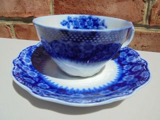 Old Antique W H Grindley Grace Flow Blue Cup & Saucer Set 2