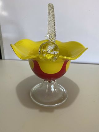 Red Yellow Hand Blown Art Glass Basket Vase W/ Handles Murano Style 10”x8”