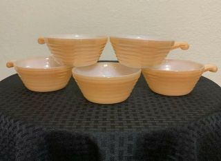 5 Vintage Fire King Oven Ware Peach Lustre Bee Hive Soup Chili Bowls,  Handles.