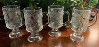 Set Of 4 Princess House Fantasia Clear Glass Floral Pedestal Coffee Cups Mugs