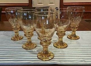Set Of Six (6) Blown Glass Amber Iridescent Libbey Stemmed Glass Goblets 7 3/8 "