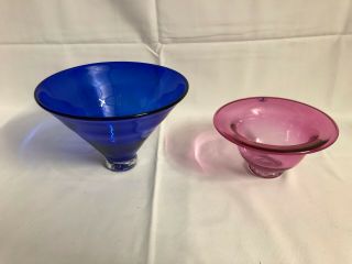 Two Langkawi Malaysian Art Glass Vases Cobalt Blue And Pink