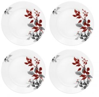 Set Of 4 Corelle Kyoto Leaves 8 1/2 " Luncheon Plates - Red Gray Watercolor