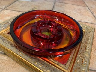 Vintage Amber Red Art Glass Large 10 " Round Cigar Ashtray Heavy Mid Century