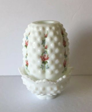 Fenton Milk Glass Hobnail Fairy Lamp Candle Holder - Hand Painted Flowers - Signed