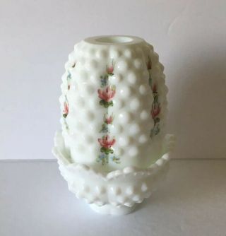 FENTON MILK GLASS HOBNAIL FAIRY LAMP CANDLE HOLDER - HAND PAINTED FLOWERS - SIGNED 2