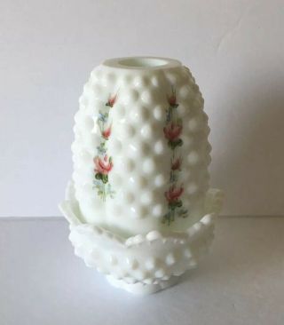 FENTON MILK GLASS HOBNAIL FAIRY LAMP CANDLE HOLDER - HAND PAINTED FLOWERS - SIGNED 3