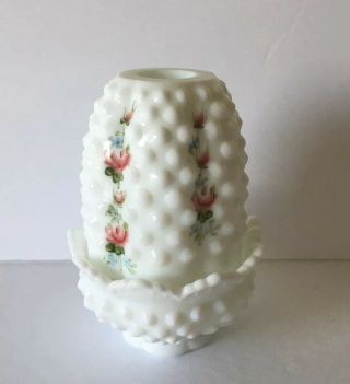 FENTON MILK GLASS HOBNAIL FAIRY LAMP CANDLE HOLDER - HAND PAINTED FLOWERS - SIGNED 4