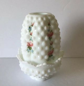 FENTON MILK GLASS HOBNAIL FAIRY LAMP CANDLE HOLDER - HAND PAINTED FLOWERS - SIGNED 5