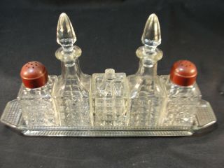 French Art Deco Era Pressed Glass Condiment Tray Cruets Mustard Pot S/p Shakers