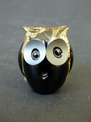 Isle Of Wight Studio Glass Black Azurene Minimal Owl With Gold Leaf England 80s