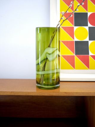 Vintage Retro Mid Century Modern Green White Swirl Glass Vase Handblown Murano A