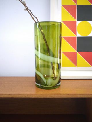 Vintage Retro Mid Century Modern Green White Swirl Glass Vase Handblown Murano A 2