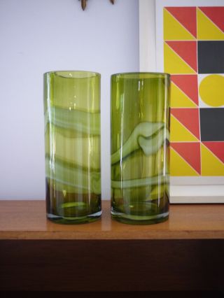 Vintage Retro Mid Century Modern Green White Swirl Glass Vase Handblown Murano A 8