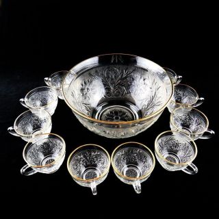 Vintage Indiana Glass Punch Bowl 10 Cups Tiara Clear Sandwich Glass Gold Trim