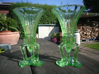 Green Art Deco Pressed Glass Vases Matching Pair Rocket Design 1930 