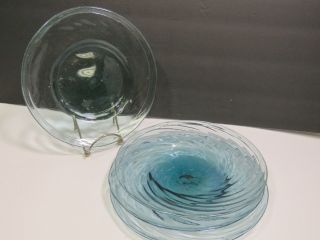Set Of 4 Plates Hand Blown Glass Dish 8.  5 " Swirl Aqua Blue