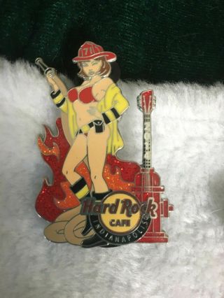 Hard Rock Cafe Pin Indianapolis Sexy Fire Girl In Yellow Jacket Holding Hose