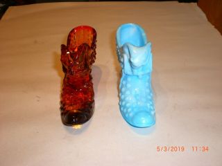 Vintage Set (2) Fenton Hobnail Red & Blue Glass Cat Head 6 " Slipper Shoes