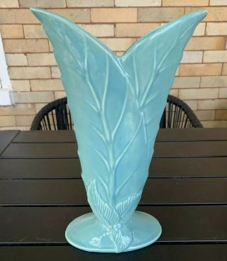 Vintage Art Pottery Ceramic Unmarked Leaf Turquoise Blue Vase
