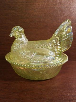 Canary Vaseline Glass Hen On A Nest Covered Dish Colors