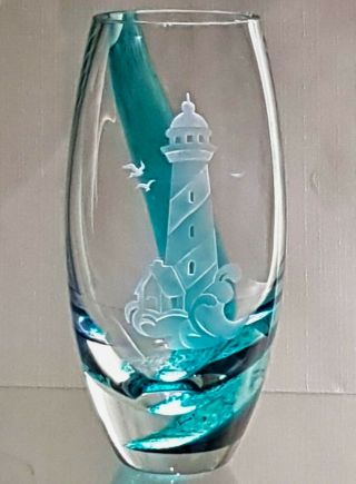 Vintage Lenox Swirling Seas Lighthouse Glass Vase Signed Caithness Scotland