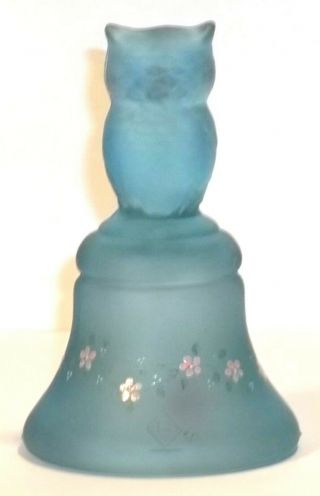 Boyd Glass Made in 1988 Owl Bell Bells Blue SATIN Hand Decorated Flowers FUND 4