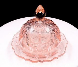 Mosser Glass Inverted Thistle Light Pink Rose 5 1/2 " Round Covered Butter Dish