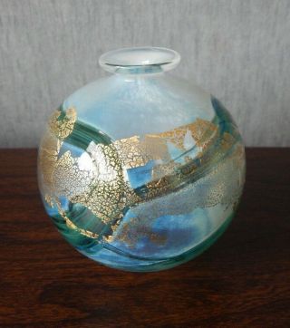 Vintage Isle Of Wight Green Golden Peacock Globe Vase - 8cm Tall