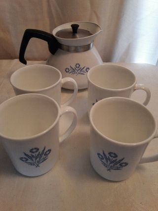 Vintage Corning Ware Blue Cornflower 6 Cup Tea Pot With Lid And 4 Mugs