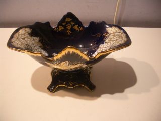 Vintage Czech M.  Z 1794 Thun Cobalt Porcelain 24ct Gold Pedestal Candy Dish