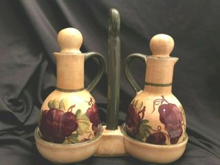 Casa Vero Ceramic Oil Vinegar Cruets Caddy Grapes Holder Carrier Hand Painted