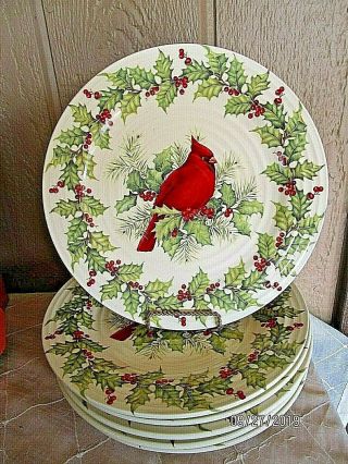 Christmas Red Cardinal Bird With Holly Berry Dinner Plate Set Of 6