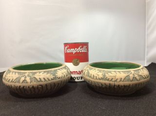 Pair Red Wing Stoneware Brush Ware Art Pottery Bowls Oak Leaf Acorn Green