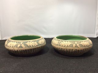 Pair Red Wing Stoneware Brush Ware Art Pottery Bowls Oak Leaf Acorn Green 2