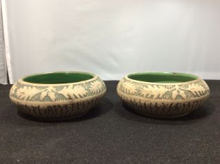 Pair Red Wing Stoneware Brush Ware Art Pottery Bowls Oak Leaf Acorn Green 3