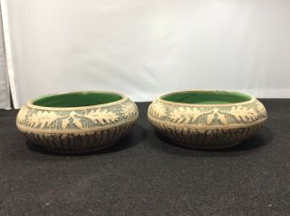 Pair Red Wing Stoneware Brush Ware Art Pottery Bowls Oak Leaf Acorn Green 4