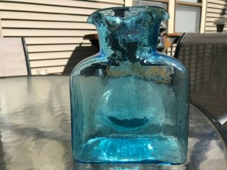 Vtg Mid Century Blenko Glass Double Spout Water Pitcher Carafe Deep Teal Blue