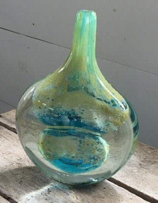 Aqua Gold Green Art Blown Glass Paperweight Bud Vase Bottle Translucent Heavy
