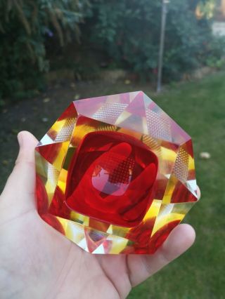 Vintage Retro Murano Sommerso Glass Geometric Geode Block Bowl Red And Yellow
