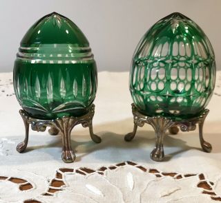 Set Two Vintage Bohemian Czech Green Cut To Clear Crystal Art Glass Egg On Stand