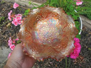 Fenton Lotus & Grape Antique Carnival Art Glass Footed Bowl Flowers Marigold