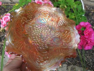 FENTON LOTUS & GRAPE ANTIQUE CARNIVAL ART GLASS Footed Bowl Flowers MARIGOLD 2