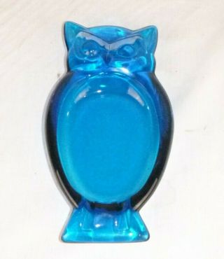 Vtg Mid Century Viking Glass Bluenique Turquoise Owl Ashtray 8.  5 "