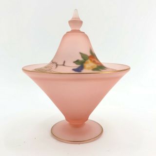 Vintage Pink Satin Glass Candy Dish With Lid Hand Painted Depression Glass Mcm