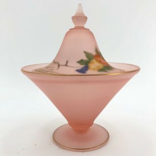Vintage Pink Satin Glass Candy Dish with Lid Hand Painted Depression Glass MCM 2