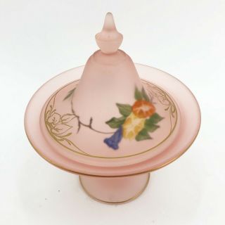 Vintage Pink Satin Glass Candy Dish with Lid Hand Painted Depression Glass MCM 3