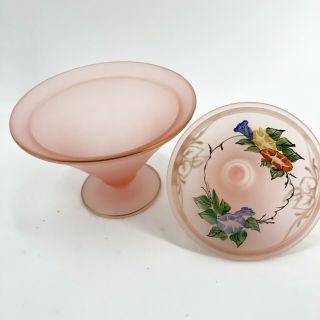 Vintage Pink Satin Glass Candy Dish with Lid Hand Painted Depression Glass MCM 5