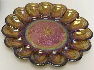 Vintage Hobnail Indiana Carnival Glass Deviled Egg Dish Plate Iridescent Amber
